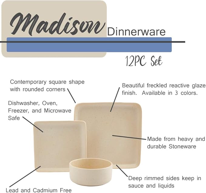 Tabletops Gallery Madison Fashion Dinnerware Collection- Square Contemporary Modern Reactive Glaze Dinner Salad Plate Bowl 4 Place Setting 12 Piece Madison Dinnerware set in Speckled Blue