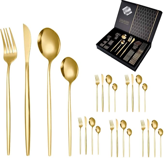 24 Piece Dinner Set for Daily Life Service for 6 Matte Slim Handle Easy Clean for Restaurant Kitchen Formal Events Parties Home Dishwasher Safe(GoldB)