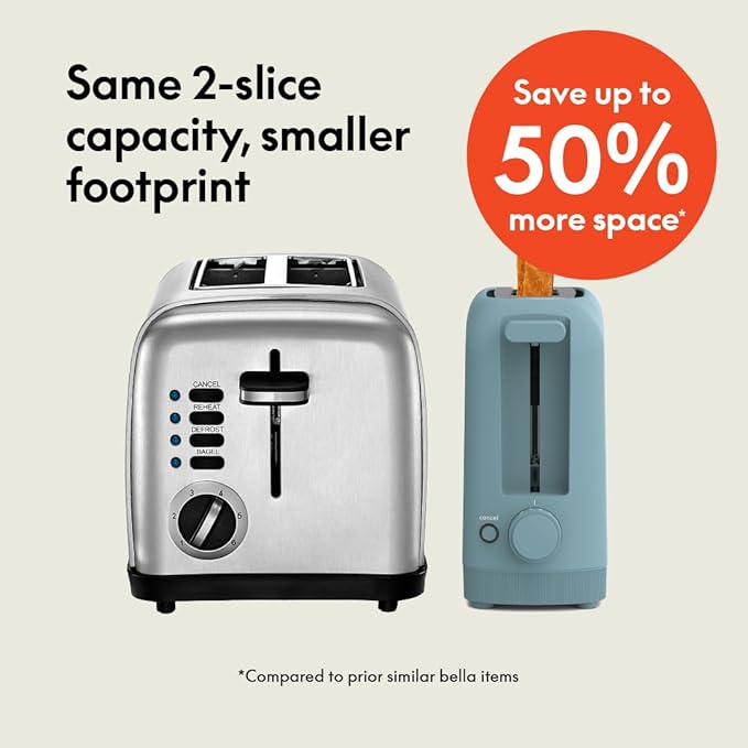 bella 2 Slice Slim Toaster Fits-anywhere™ Kitchenware 6 Setting Shade Control with Reheat &amp Cancel Buttons Fits Sourdough 10” Long Slot Anti Jam &amp Auto Shutoff 900 Watt Surf