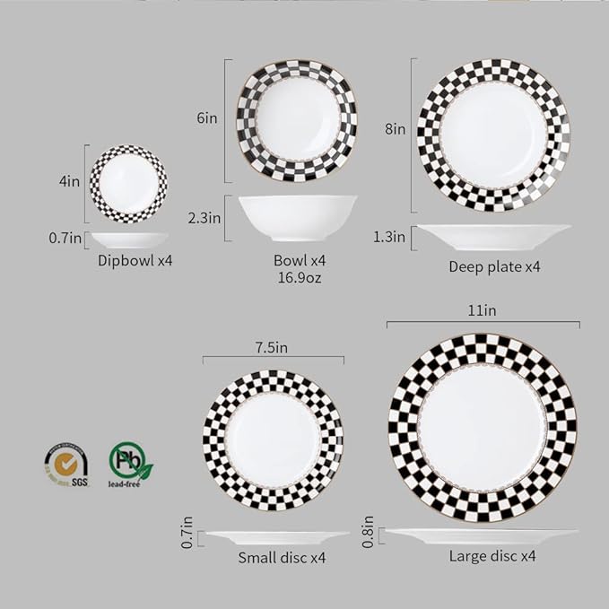 Porlien Checker Pattern 20-piece Round Dinnerware Set for 4 Porcelain Dinner Sets