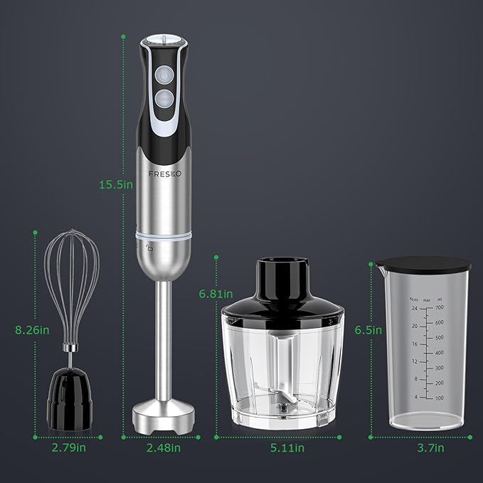 FRESKO Immersion Blender Handheld 4-in-1 Stainless Steel Hand Electric Stick Mixer with 12-Speeds &amp Turbo Mode Powerful 500W Emulsion Blender with Beaker Chopper &amp Whisk