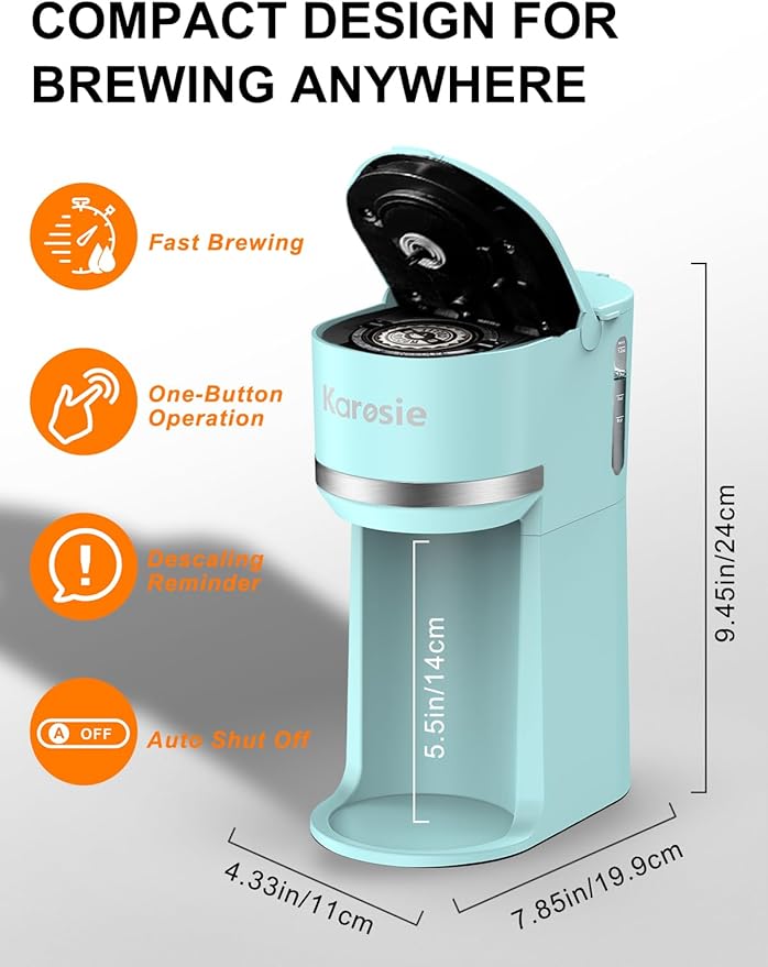 Single Serve Coffee Maker for K-Cup and Ground Coffee Fast Brew 6-12 oz Brew Sizes One Cup Coffee Machine Fits 5.5 Mugs One-Button Small Coffee Maker with Descaling Reminder Light Blue