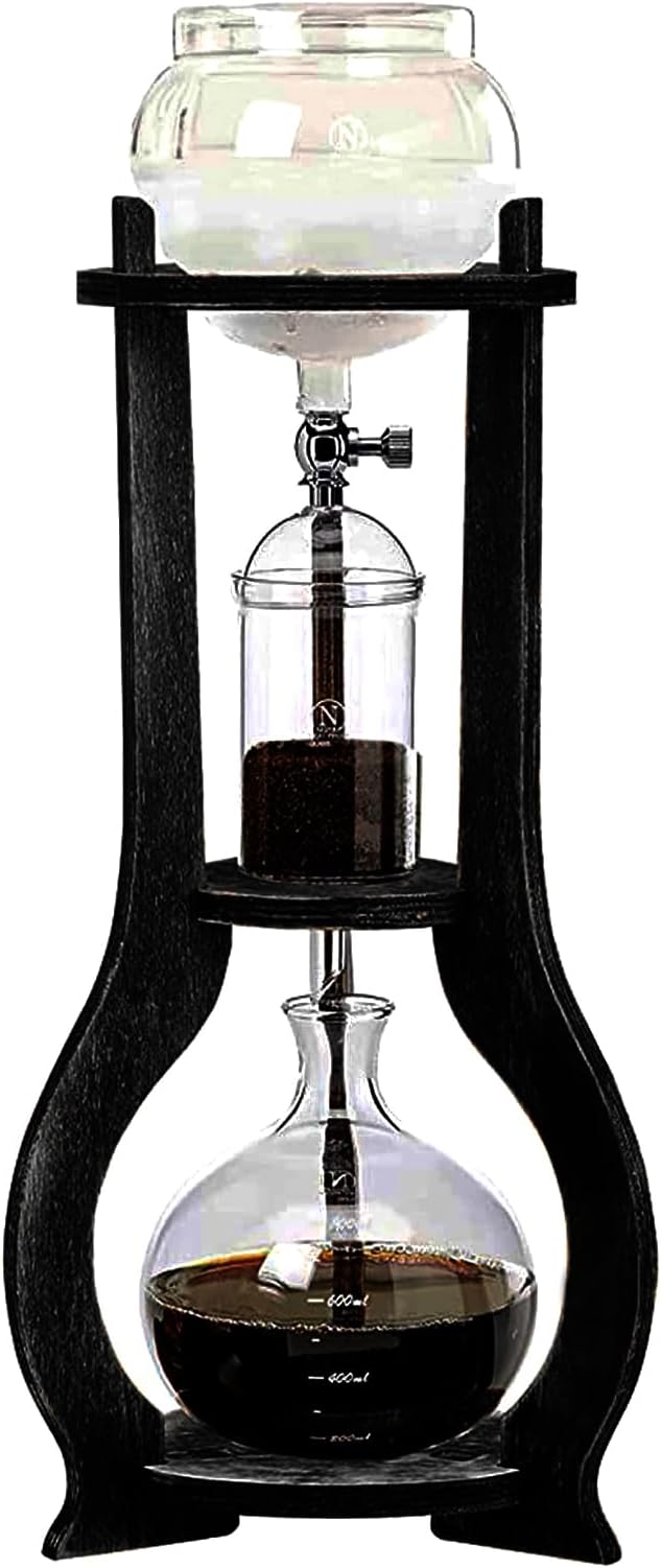 Iced Coffee Cold Brew Drip Tower Coffee Maker Wooden 6-8 cup for Making Delicious Cold Extracted Coffee At Home In Shops Cafes And Offices（Grey Clear）