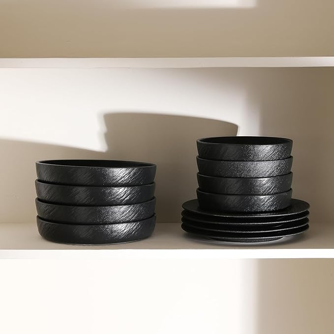 Stone Lain Senso 12-Piece Dinnerware Set New Bone China Plates and Bowls Sets Dish set for 4 Dinner and Salad Plates Black