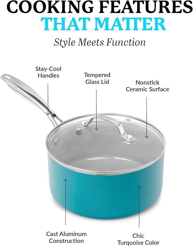 GOTHAM STEEL 15 Pc Ceramic Cookware Set Ceramic Pots and Pans Set Non Stick with Cooking Utensils and Steamer Non Toxic PFOA PFOS Free Premium Stay Cool Handles Oven &amp Dishwasher Safe Blue