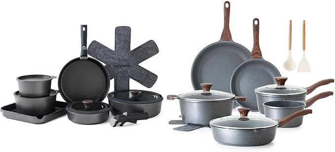 SENSARTE 17 Pcs Nonstick Detachable Handle Cookware Set 16 Pcs Nonstick Ceramic Pots and Pans Set w/Frying Pans Set Saucepans Set