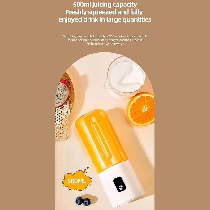 Portable Blender 500ml Cordless Personal Size Blender Cup Electric USB Juicer Mixing Fruit with 1500mAh Battery for Shakes and Smoothies (White)