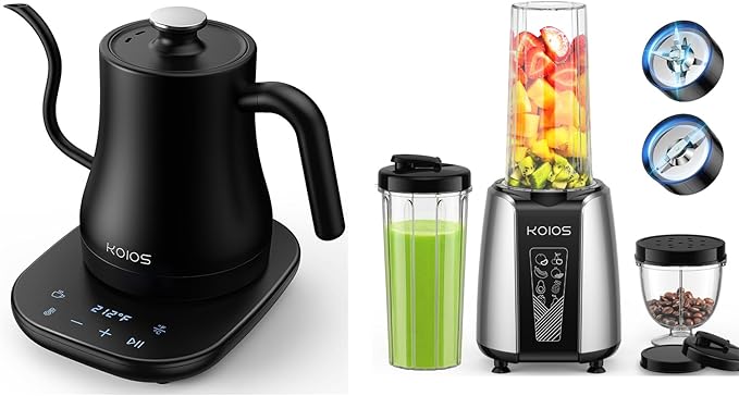 KOIOS Max 1000w Personal Smoothie Blender for Shakes and Smoothies + 27oz/0.8L Fast Heat Gooseneck Electric Kettle with Temperature Control