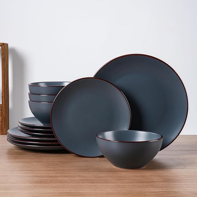 Famiware Venus Dinnerware Sets and Mercury Coffee Mugs Set of 4 16 Pieces Plates and Bowls Sets Microwave and Dishwasher Safe Charcoal