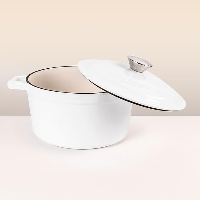 BergHOFF 3Pc Neo Enameled Cast Iron Cookware Set 3qt. Dutch Oven Matching Lid Fry Pan 10 Inches Oven Safe Up To 400°F White