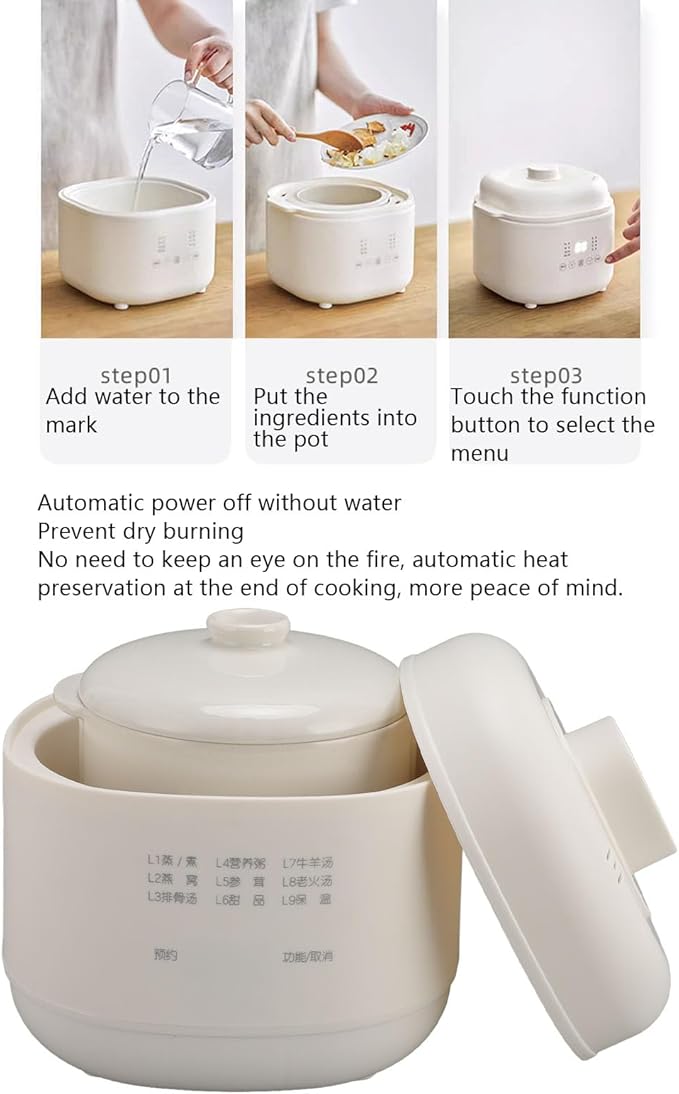Electric Stew Pot Small Slow Cooker 1QT Smart Appointment Ceramic Interior Pot Automatic Multifunction Rice Cooker Electric Stew for Home Kitchen