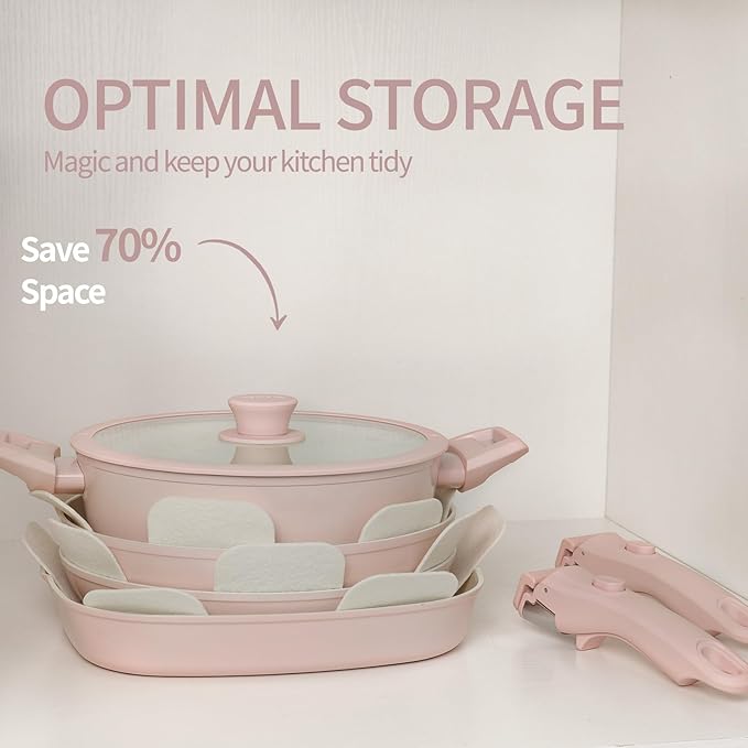 31pcs Ceramic Pots and Pans Set Nonstick Detachable Handle Cookware Induction Kitchen Cooking Set with Removable Handleinclude Frying Pans &amp Saucepans Oven Safe(Pink)