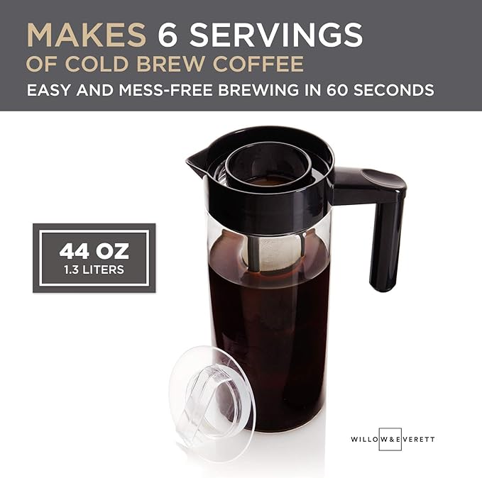 Willow &amp Everett Cold Brew Coffee &amp Iced-Tea Maker Pitcher 1.3 L Glass Dispenser Metal &amp Plastic Lid Mesh Filter Iced Coffee &amp Sun Tea Brewing System