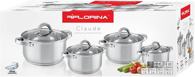 FLORINA 8-Piece Stainless Steel Saucepan Set | Pots with Glass Lid | Induction Gas Electric Cooker Compatible
