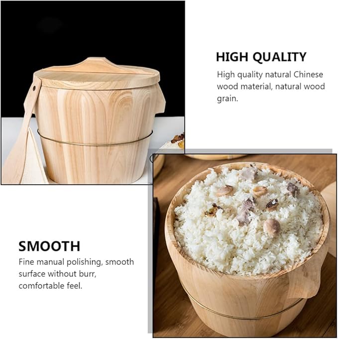 jojofuny Wooden Rice Steamer Bucket 8.26X6.49X6.49 Inch Natural Chinese Material Handmade Steamed Rice Barrel with Iron Handles Removable Bottom for Even Cooking and Easy Cleaning