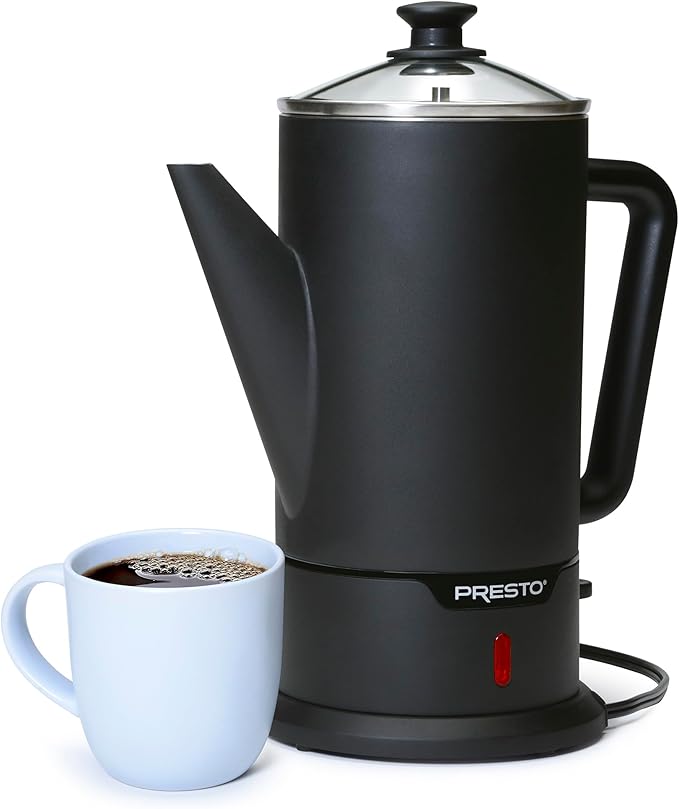 Presto 02815 12-Cup Cordless Coffee Percolator - Stainless Steel Modern Design Easy Pour Spout Stay-Cool Handle Matte-Black