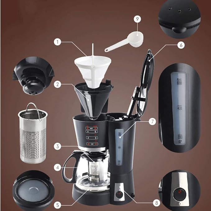Coffee Machine Filter Coffee Machine0.6L Capacity Coffee Maker Producing Up to 5 CupsAnti-Drip SystemPermanent Reusable FilterBlackCompatible with Espresso Cooker
