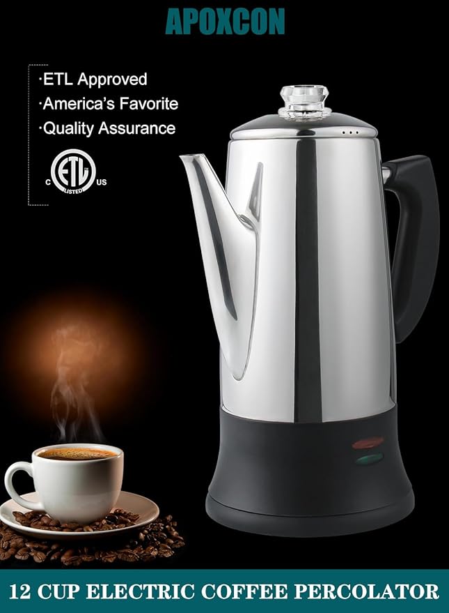 Electric Coffee Percolator Stainless Steel Coffee Maker with Two Heat Resistant Tough Glass Clear Brew Progress Knob Classic Look Keep Warm &amp Cordless Serving Coffee Pot 12 Cup