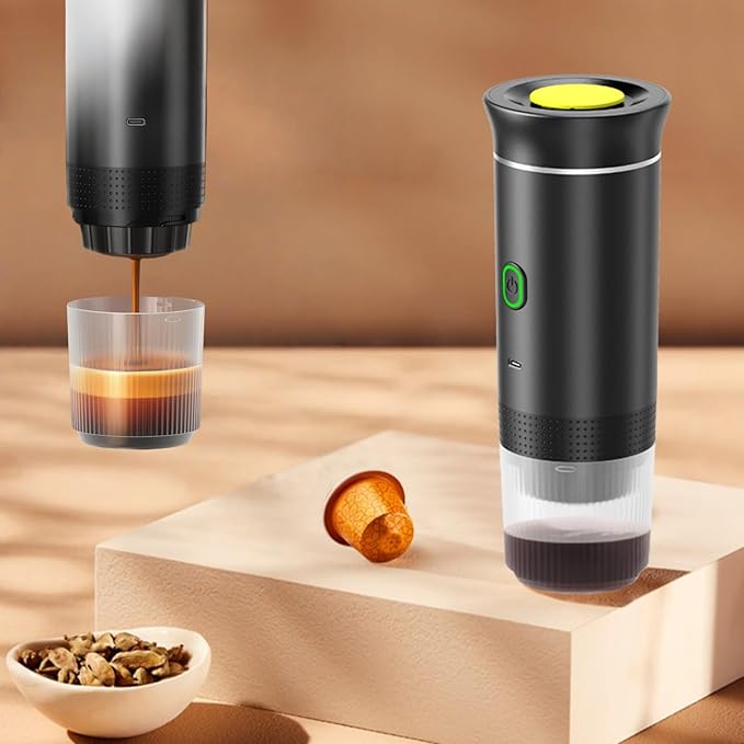 Mini Electric Espresso Coffee Machine Small Self-Heating Portable Car Coffee Maker with Capsule and Ground Coffee for Office RV Travel Camping Hiking (black)