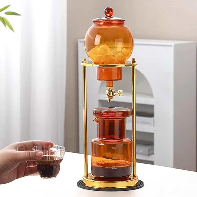 Cold Brew Coffee Tower Ice Drip Coffee Machine with Slow Drip Technology Metal Bracket 600ml Large Capacity Glass Pot for Home Office 4-6 Cups