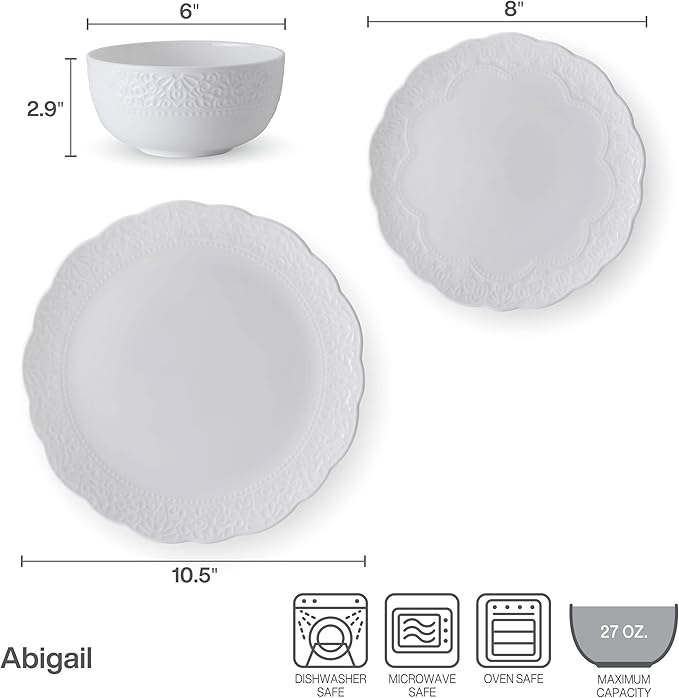Mikasa Abigail Bone China Lightweight Chip Resistant 12 Piece Dinnerware Set Service for 4 White