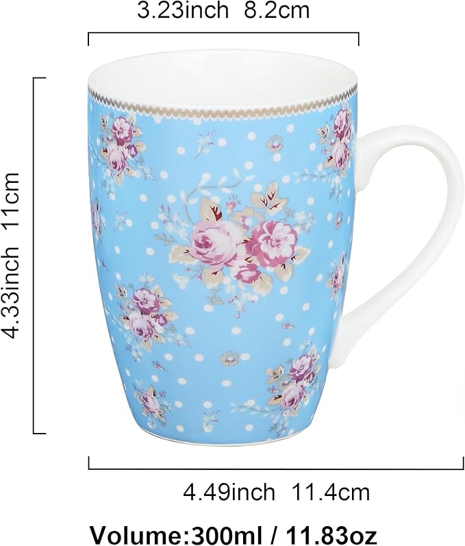 fanquare 10 Ounce Blue Floral Polka Dot Mug Set of 4 Ceramic Coffee/Tea Mugs with Pink Flower Pattern Cute Drinkware for Home Office Microwave &amp Dishwasher Safe
