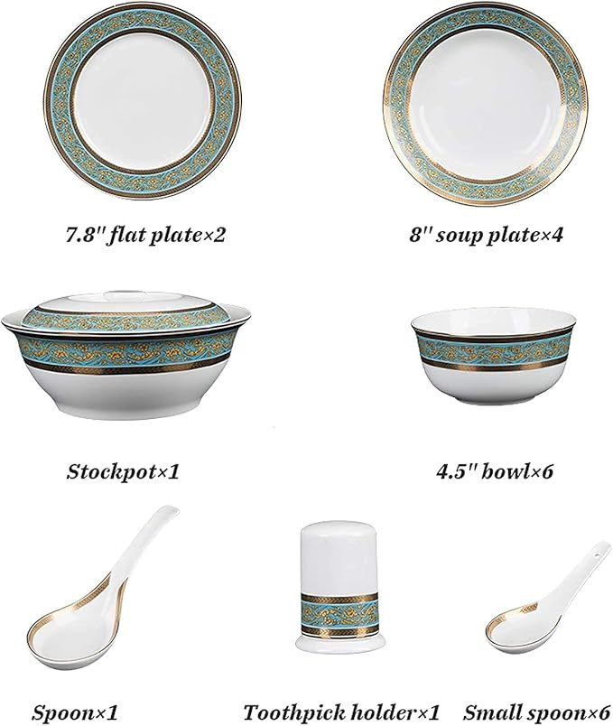 Dinnerware Sets Dish Set Ceramics Dinner Set 22 Pieces Porcelain dinnerware Sets | Bone China Soup Pot/Cereals Bowls/Steak Plates for Wedding Gifts