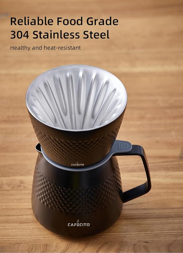 CAFECITO Pour Over Coffee Maker Dripper &amp Server Set | 12oz Double Wall Stainless Steel | Diamond Pattern V60 Brewer Cone Set | 1-2 Cups | Anti-Over Extraction Design