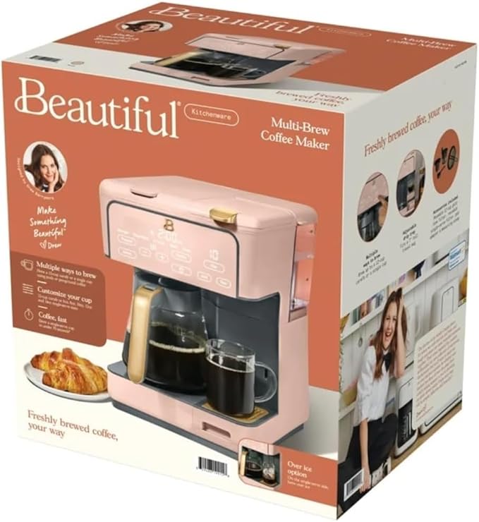 Beautiful Multi-Brew Commercial-Grade 12-Cup &amp Single-Serve Coffee Maker with Over Ice Option for Business and Personal Use by Drew Barrymore (Rose)