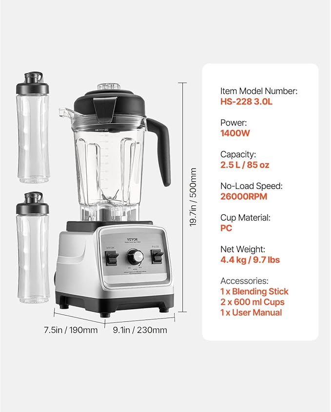 VEVOR Blender for Smoothies 85 oz 1400W Professional Blender with Powerful Motor Multi-Functional Food Processing with 2 Cups for Smoothie/Milkshake/Juice Fits for Kitchen