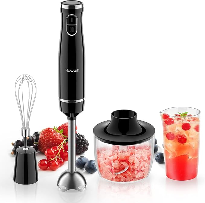 Howork 450W Immersion Hand Blender 4-in-1 Multifunctional 2 Speed Stainless Steel Handheld Stick Blender Titanium Cross Blade 600ml Mixing Beaker and 500ml Food Processor Dishwasher Safe Black