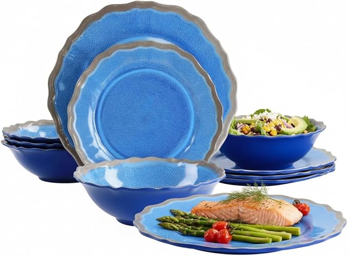 12-Piece Melamine Dinnerware Sets Lightweight &amp Durable Wave-Edge Design Blue Glossy Crackle Finish Dishwasher Safe Ideal for Outdoor Gatherings &amp Daily Use
