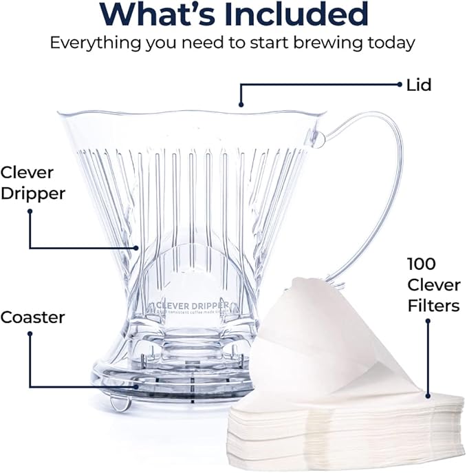 Clever Coffee Dripper and Filters Large 18 oz Original Classic Design Safe BPA Free Plastic dripper coffee maker drip coffee maker pour over 100 filters coaster and lid 18 oz (Clear)