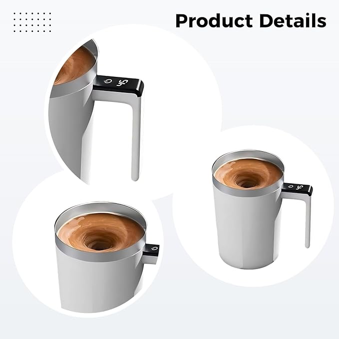 Rechargeable Self-Stirring Electric Mug Stainless Steel Coffee Cup with LCD Temperature Gauge Type-C Charger White Ideal for Hot Drinks