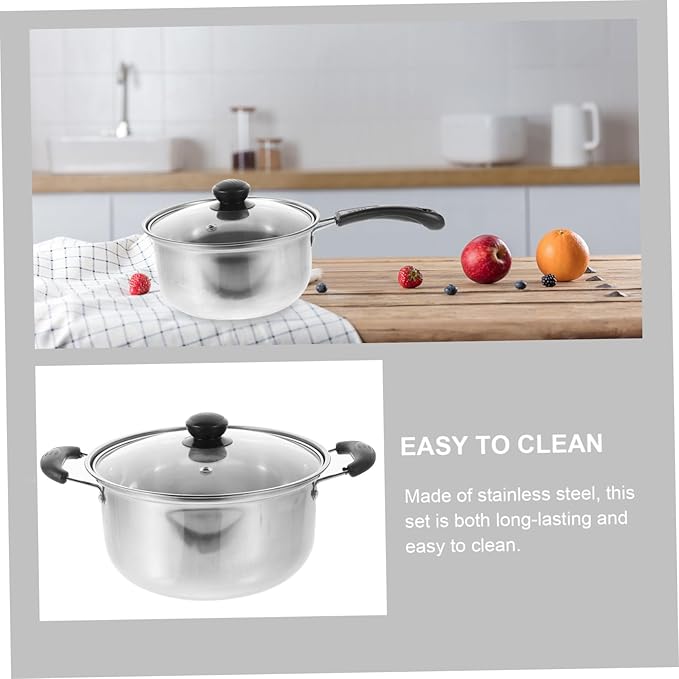 1Set Stainless Steel Cookware Set Kitchen Cookware with Soup Pot Frying Pan and Milk Pot Multi Function Cooking Everyday Use Easy to Clean
