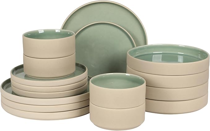 Gibson Elite Liberty Bay 16-Piece Pottery Clay Stoneware Dinnerware Set – Mint Green Reactive Glaze Stackable Plates and Bowls W/Pasta Bowl Service for 4 – Microwave &amp Dishwasher Safe