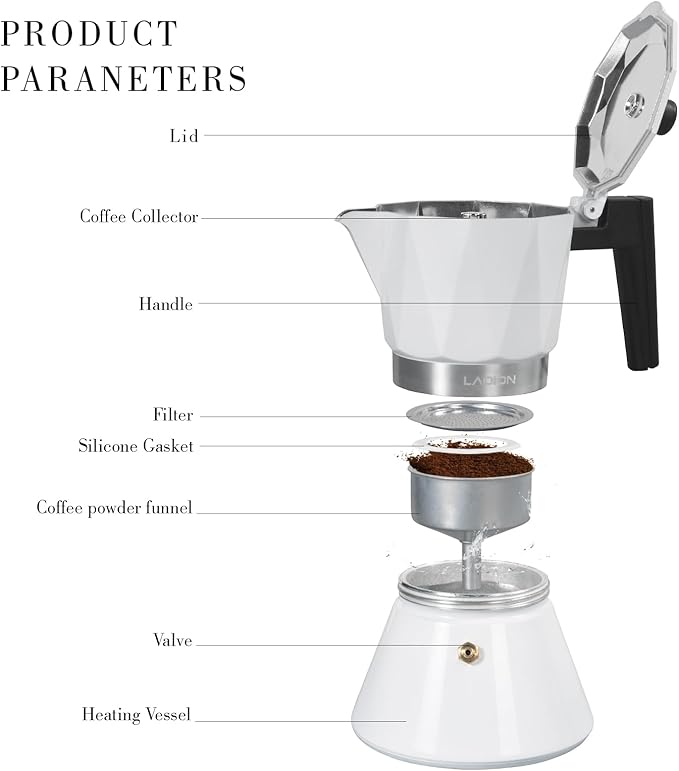 Moka Pot 6-Cup Espresso Maker 300ml Portable Stovetop Espresso Maker Percolator Coffee Pot Compatible with Induction Cooktops Suitable for Home and Camping (White)