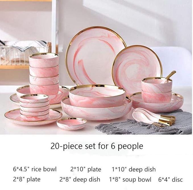 20 Piece Dinner Set Pink Marble Phnom Penh Ceramic Dinnerware Set Service for 6 People
