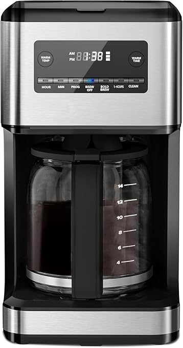 Coffee Maker 14-Cup Programmable Drip Coffee Makers with Reusable Filter &amp Keep Hot Plate Auto Pause Small Coffee Machines with Coffee Pot Timer Self-cleaning for Home Stainless Steel