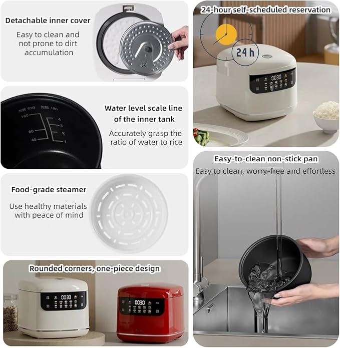 One Touch Rice Cooker 2L Small Rice Cooker with Titanium Inner Pot 10-in-1 Multi-Cooker for Rice Steamer Slow Cook Digital Keep Warm &amp 24H Delay Timer (White)