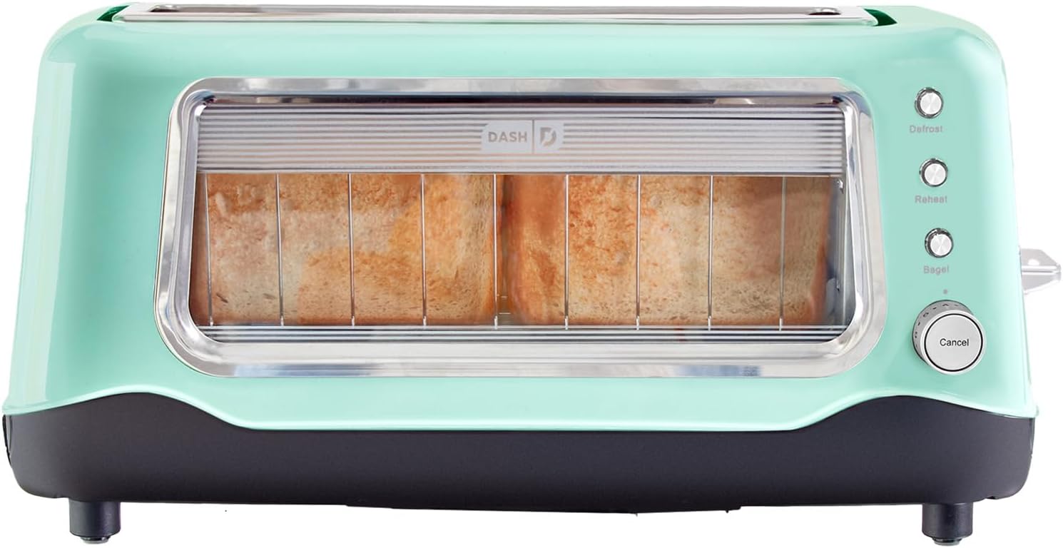 Dash Clear View Toaster - Features Large Window &amp Extra-Wide Slots - Auto-Shut Off Feature - Bagel Functions &amp Seven-Browning Levels - 1-Touch Defrost - Aqua