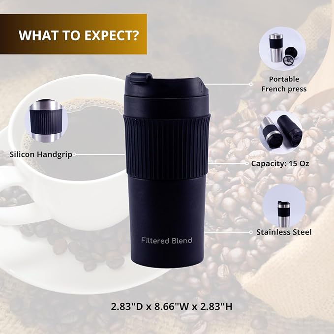 15oz Double Wall Stainless Steel Insulated French Press Coffee and Tea Maker - Portable Camping Mug and Tumbler - Heat Retaining Leak-Proof Travel-Friendly for Office and Outdoor Adventures (Black)