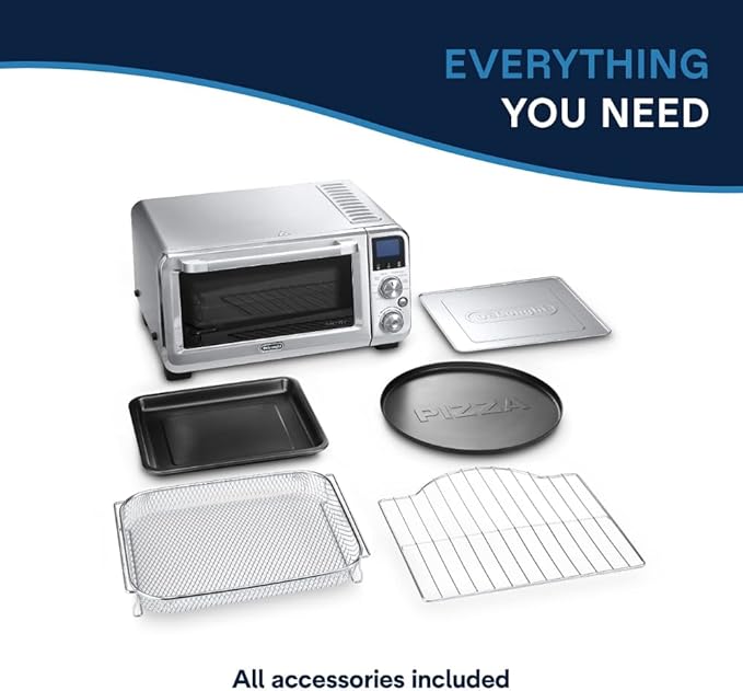 De'Longhi Digital Air Fry Convection Toaster Oven 14L Stainless Steel Air Fry Oven 9-in-1 Grills Broils Bakes Roasts Reheats Keep Warm Non-Stick Scratch-Resistant Interior 1800-Watts
