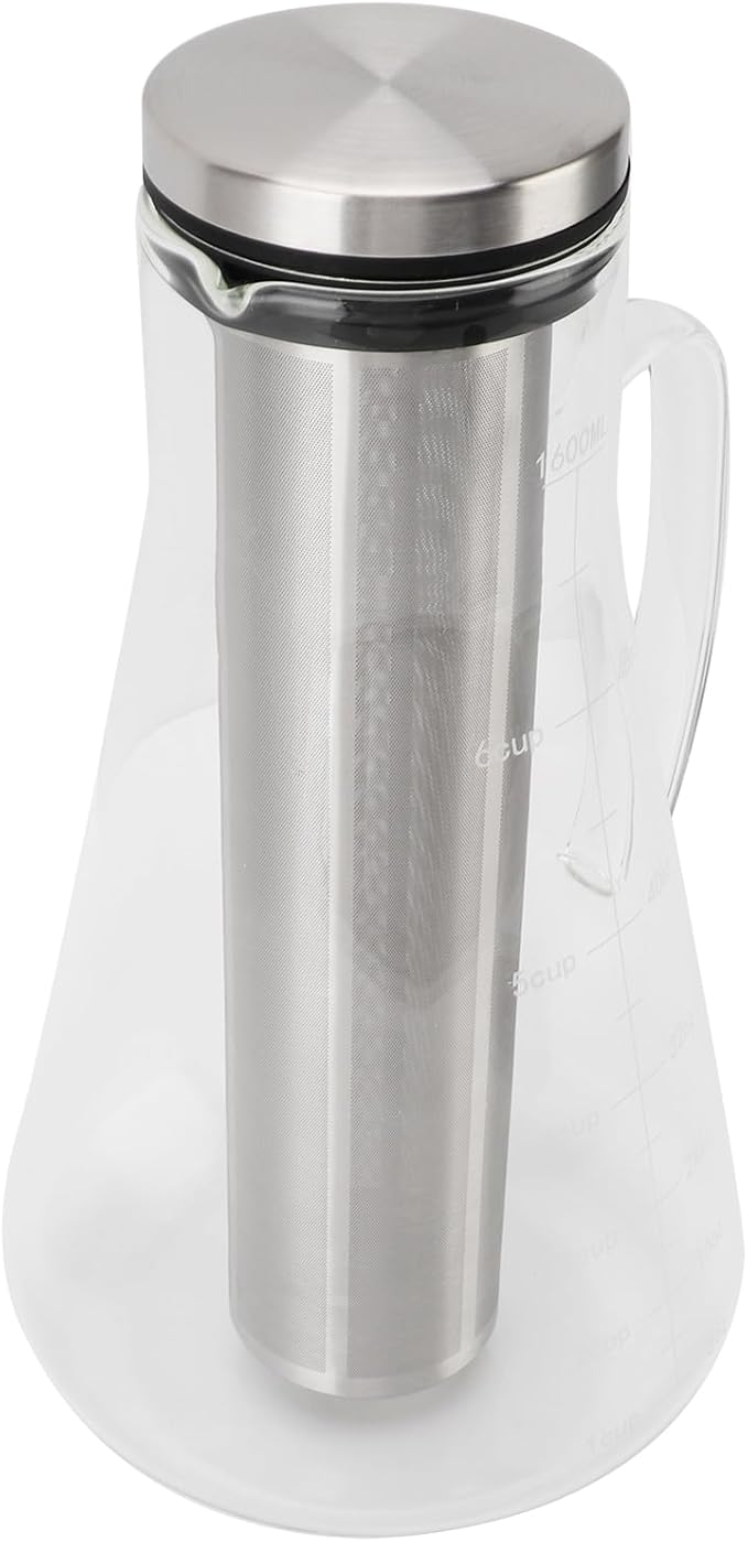 ZJchao Cold Brew Coffee Maker with Scale 1600ML Premium Stainless Steel Filter Temperature Proof Ergonomic Handle Glass Iced Coffee Brewer for Home Office