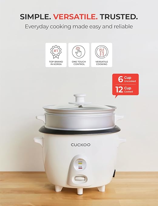CUCKOO One Touch Rice Cooker 12-Cup Cooked Small Rice Cooker &amp Warmer with Steamer Tray Versatile Grain Cooker Soup Maker Auto Keep Warm 6-Cup Uncooked White (CR-0601C)