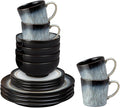 Denby - Halo Dinner Set for 4-16 Piece Tableware - Dishwasher Microwave Safe Stoneware Crockery - Reactive Glaze Black Grey Colour - Set of 4 Dinner Plates Small Plates Cereal Bowls Coffee Mugs