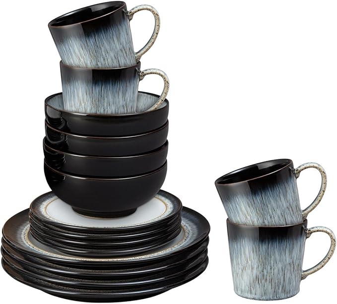 Denby - Halo Dinner Set for 4-16 Piece Tableware - Dishwasher Microwave Safe Stoneware Crockery - Reactive Glaze Black Grey Colour - Set of 4 Dinner Plates Small Plates Cereal Bowls Coffee Mugs
