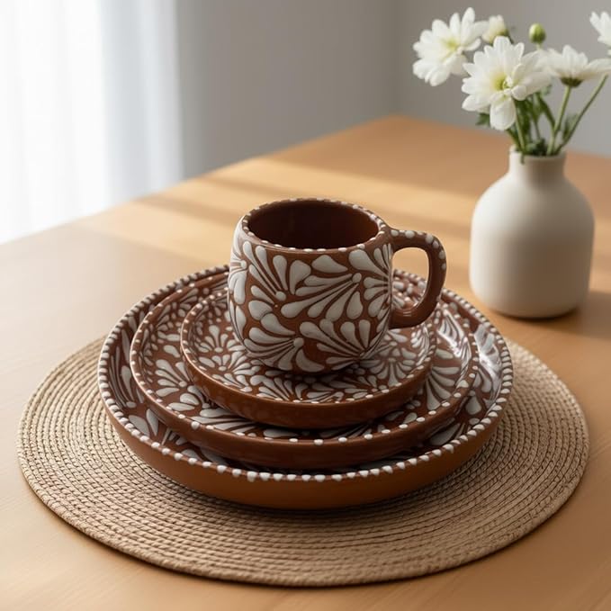 Talavera Dinnerware Set | Brown &amp White 4-Piece