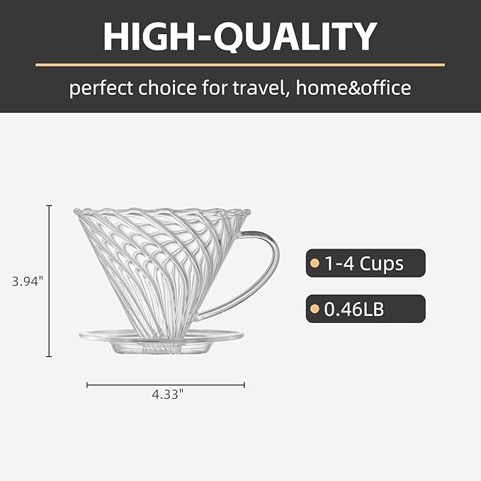 Coffee Dripper Resuable Pour Over Coffee Maker With Handle Slow Brewing Coffee Pour Over for Cafe Travel Home&ampOffices Single Cup Coffee Pour Over #02 (Borosilicate Glass 1-4 Cups)