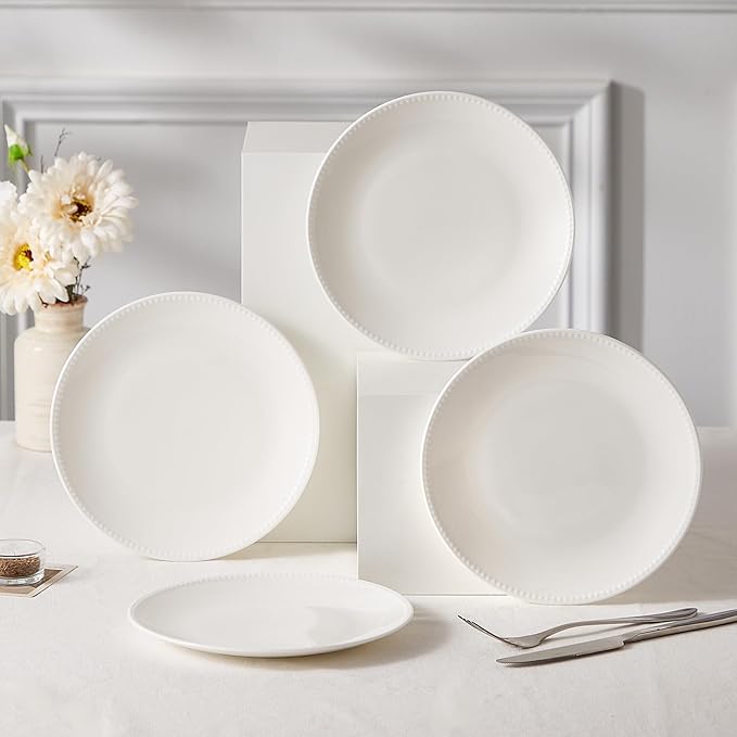 Silvanest16 Piece Bone China Dinnerware Set Embossed Plates Bowls Chip-Resistant Lightweight Elegant and Durable Service for 4 White